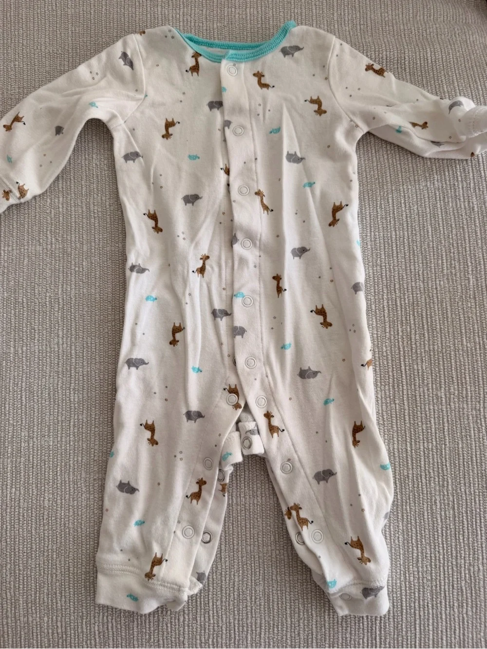 Carter's white Footed One-Piece with Brown & Gray zoo Animal Print and Teal Trim